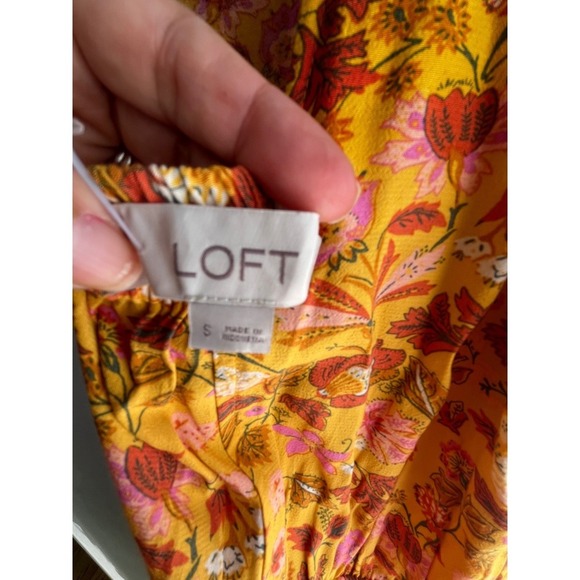 Floral Print Dress Smocked Waist Yellow Pink Rust Short Sleeve CasualFeminine - Picture 9 of 10